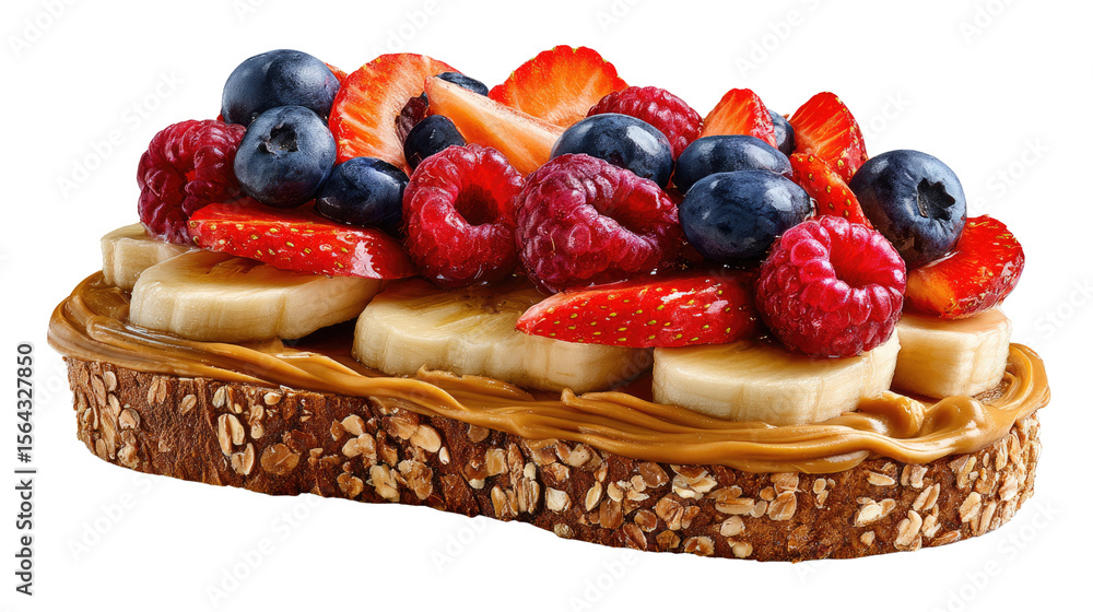 Poster delectable berry toast: a close-up view showcases a vibrant slice of toast generously topped with pe