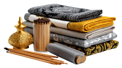 Artistic Interior Décor: A captivating assortment of textiles, incense, and decorative items artfully arranged, showcasing texture, pattern, and craftsmanship