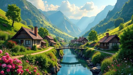 Fototapeta premium Idyllic mountain village nestled in a verdant valley, showcasing charming houses, a quaint wooden bridge spanning a serene river, and vibrant floral displays along a picturesque pathway.