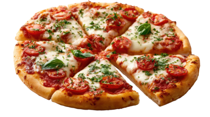 Slices of Margherita pizza: An enticing overhead shot of a Margherita pizza, capturing its delicious simplicity, showcasing the perfect balance of flavors.