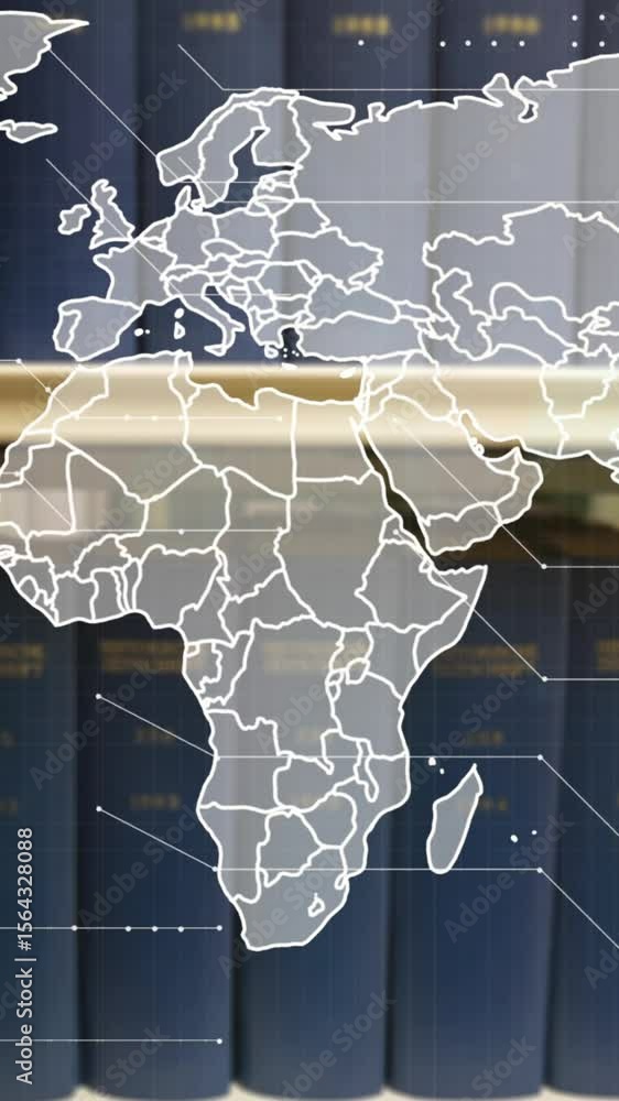 Poster animation of data processing over world map and books