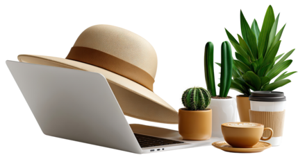 Workation Scene: A stylish hat rests above an open laptop, complemented by a selection of potted plants and a coffee cup, embodying the concept of a workation.