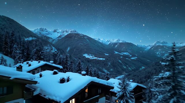 Picturesque Winter Night Scenery of Snowy Mountains and Village Homes Under the Starry Sky With Blue Hue
