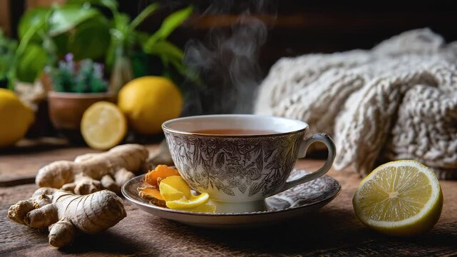 Steaming cup of tea with ginger and lemon slices on wooden table with fresh ginger root and lemon, cozy saucer and warm steam ambiance