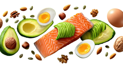 Keto Diet Spread: A visually appealing assortment of keto-friendly foods like salmon, avocado, eggs, and nuts, artistically arranged to showcase healthy eating
