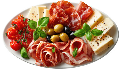 Gourmet Food Platter: A beautifully arranged food platter showcasing a mouthwatering array of cured meats, cheeses, olives, and tomatoes, garnished with fresh basil.