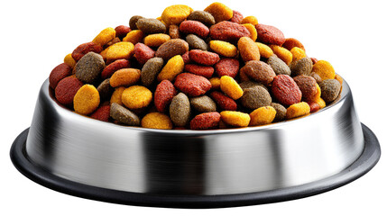 Bowl of Pet Food: A close-up shot of a full metallic bowl of assorted dry pet food, displaying a palette of appealing colors and textures, perfect for promoting pet nutrition and wellness.