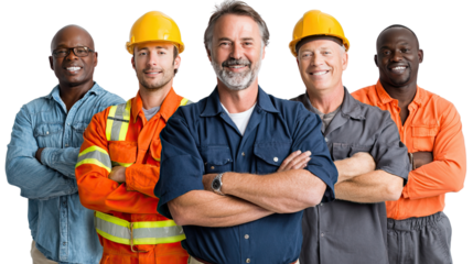 Team of Construction Workers: A group of seasoned construction workers stand confidently, each in their work gear.