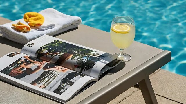 Relaxing Poolside with Drink and Open Book on Sunny Day Vacation