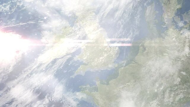 Earth zoom in from space and focus on Redditch, England, West Midlands, Great Britain. Background for travel intro or blog. Satellite view. 3D style Animation. Images from NASA.