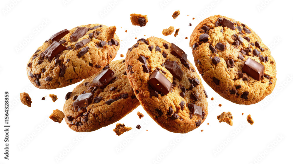 Poster chocolate chip cookies in flight: delicious chocolate chip cookies with visible chocolate chunks sus