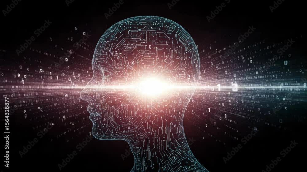 Poster a digital human head with glowing binary code represents artificial intelligence and technology