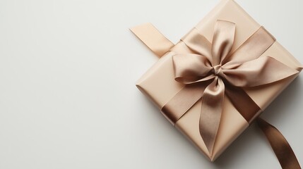 Minimal gift box with ribbon on white background, soft shadow, product mockup.