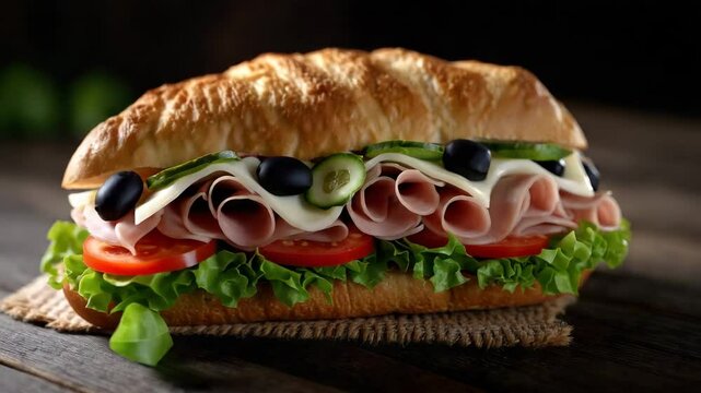 Artisan Submarine Sandwich: A close-up shot of a mouthwatering, loaded submarine sandwich, artfully assembled with fresh ingredients, and presented on a rustic, wooden surface.