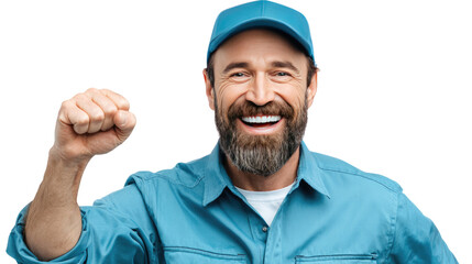 Naklejka premium Joyful Tradesman's Triumph: A radiant tradesman celebrates success, his face alight with joy as he clenches his fist in triumph. This image showcases pure happiness.