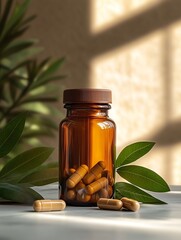 Flat lay of herbal supplement capsules in a brown glass bottle with green leaves, clean background, medical product mockup, natural health style, soft shadow, no label, no text.