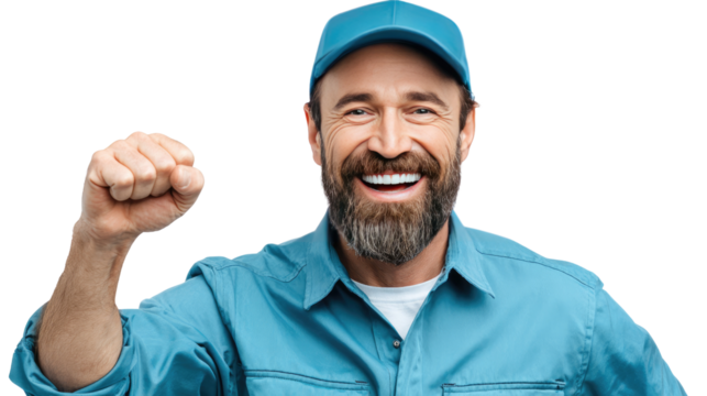 Joyful Tradesman's Triumph: A radiant tradesman celebrates success, his face alight with joy as he clenches his fist in triumph. This image showcases pure happiness.