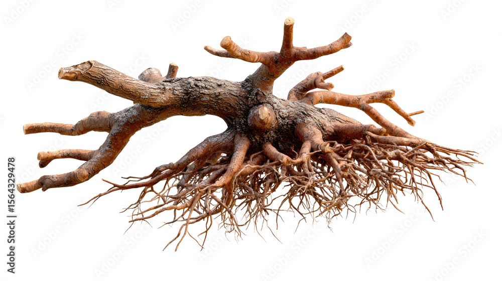 Poster twisted tree root with white blankground: exposed roots of a tree, intricately twisted and intertwin