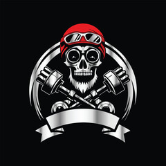 Skull and gear. Vector illustration on a black background. Design element. Skull with helmet and gear on black background. Vector illustration.