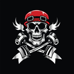Skull and gear. Vector illustration on a black background. Design element. Skull with helmet and gear on black background. Vector illustration.