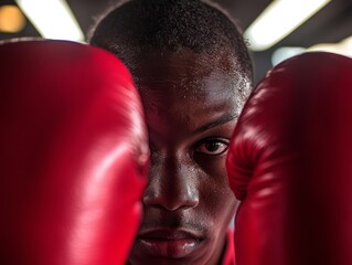 Close Up Portrait Of A Young Boxer With Red Gloves Glistening With Sweat