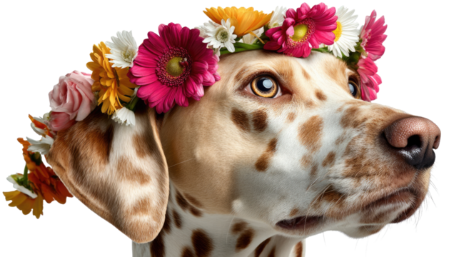 Dalmatian Dog with Floral Crown: A charming Dalmatian dog adorned with a vibrant floral crown, embodying joy and natural beauty. Capturing the essence of springtime charm and animal companionship.