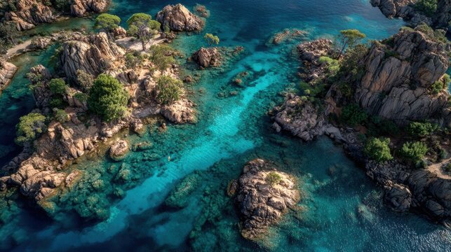 Aerial view of a rocky coastline with clear turquoise water and scattered trees growing among the rugged rocks.