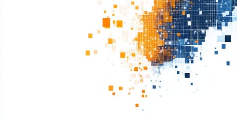 Abstract digital background with blue and orange pixelated particles.