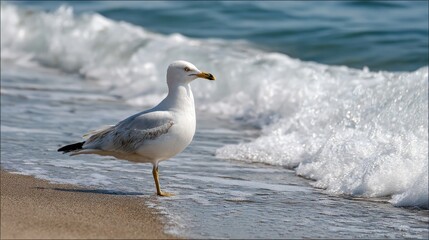 Fototapeta premium Seagull strolling along the shoreline with ocean waves in the background