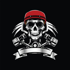 Skull and gear. Vector illustration on a black background. Design element. Skull with helmet and gear on black background. Vector illustration.