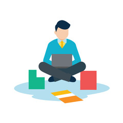 Cartoon Man Working on Laptop Surrounded by Blocks and Paper Illustration