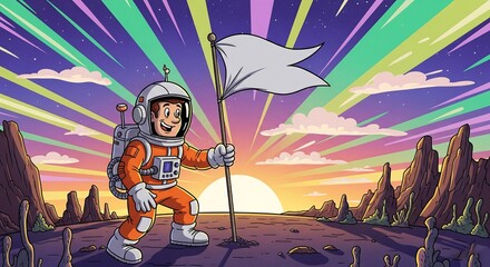 Cartoon astronaut planting flag on a new planet with colorful sky and landscape