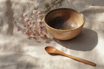 ceramic bowl, wooden spoon, and dried flowers on linen mat