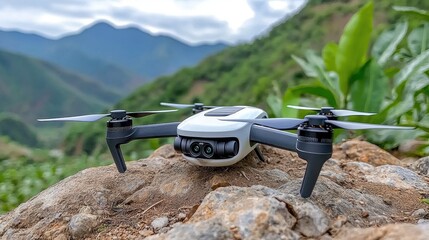 White Drone on Rocks, Mountain Landscape Background