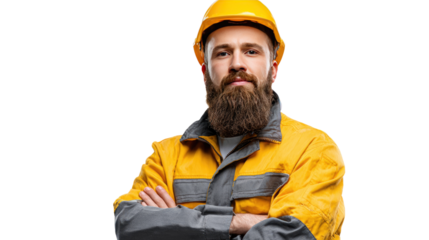 Confident Construction Worker: A portrait of a serious bearded construction worker in a yellow hardhat and work uniform, arms crossed, conveying confidence and skill.