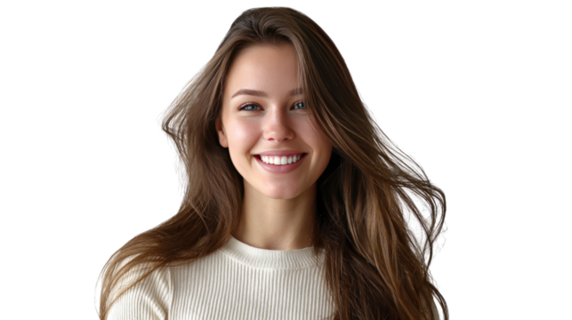 Joyful Serenity: A radiant girl with flowing locks, exudes peace and contentment through her natural, captivating smile. 