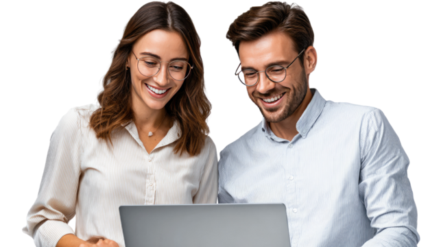 Shared Vision: Two professionals, engrossed in a shared project on a laptop, collaborate with focused smiles, representing teamwork, business success, and modern office synergy.