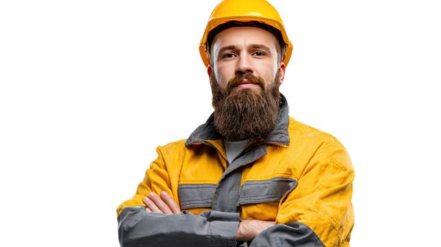 Confident Construction Worker: A portrait of a serious bearded construction worker in a yellow hardhat and work uniform, arms crossed, conveying confidence and skill.