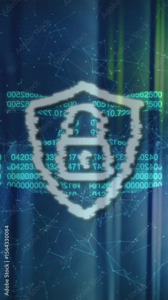 Poster animation of data processing with padlock over server room
