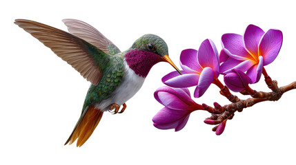 Obraz premium Hummingbird Nectar Dream: A vibrant hummingbird, with its iridescent plumage, delicately hovers near a cluster of vibrant flowers, ready to enjoy nectar. A captivating image of nature's beauty.