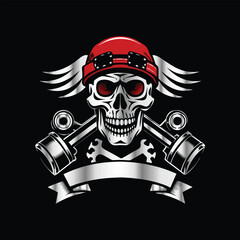 Skull and gear. Vector illustration on a black background. Design element. Skull with helmet and gear on black background. Vector illustration.