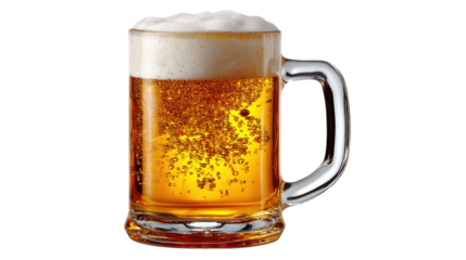 Golden Brew in a Glass: A glistening beer mug filled with amber liquid, crowned with a fluffy, white foam, offering a refreshing and invigorating sight.