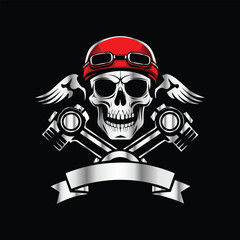 Skull and gear. Vector illustration on a black background. Design element. Skull with helmet and gear on black background. Vector illustration.
