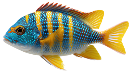 Striking Emperor Fish: A captivating emperor fish showcases vibrant blue hues with yellow stripes, elegantly swimming in a clear marine environment.