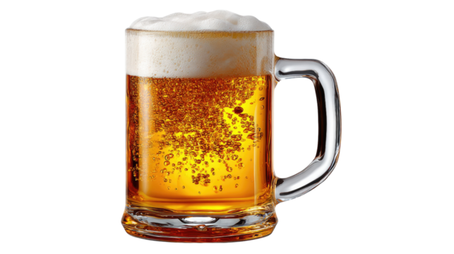 Golden Brew in a Glass: A glistening beer mug filled with amber liquid, crowned with a fluffy, white foam, offering a refreshing and invigorating sight.