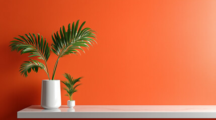 palm tree in a vase in orange wall