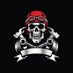 Skull and gear. Vector illustration on a black background. Design element. Skull with helmet and gear on black background. Vector illustration.