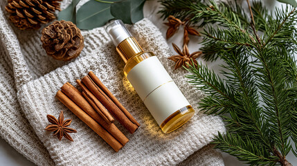 gold-trimmed bottle, surrounded by earthy cinnamon sticks and evergreen foliage