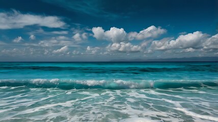 Obraz premium Beautiful coastal scene of turquoise ocean water with white clouds under a blue sky