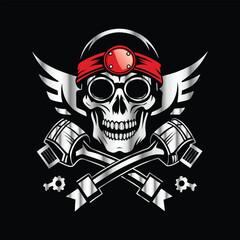 Skull and gear. Vector illustration on a black background. Design element. Skull with helmet and gear on black background. Vector illustration.